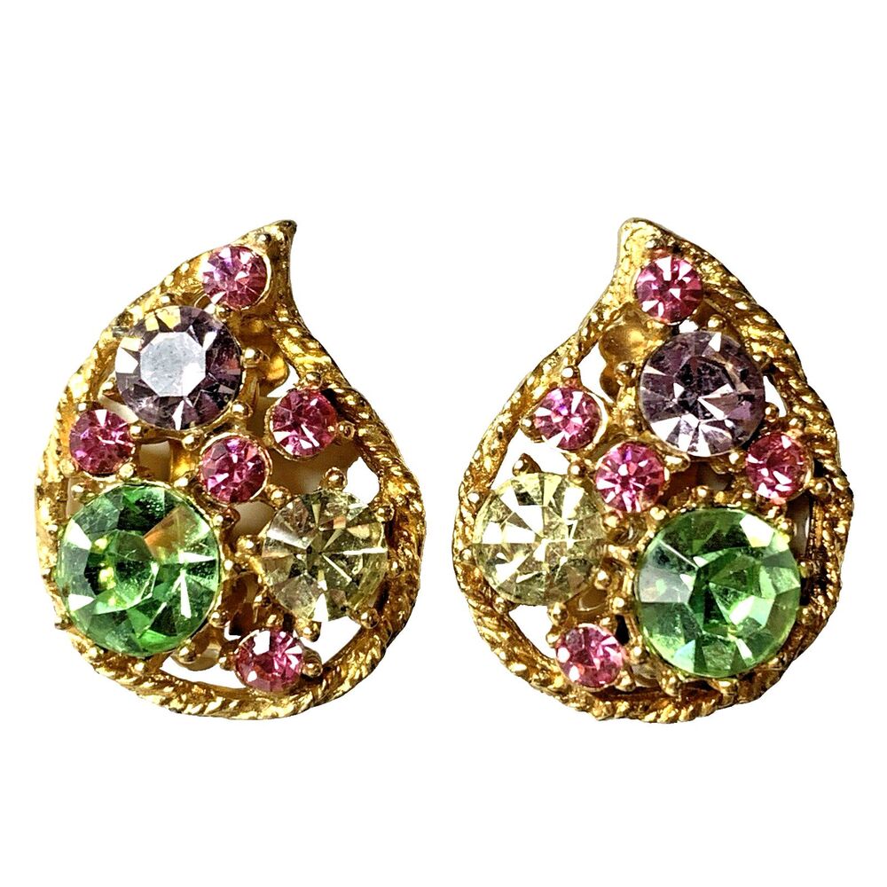 Weiss Vintage Pink Green Rhinestone Teardrop Clip On Earrings Gold Tone 1950s